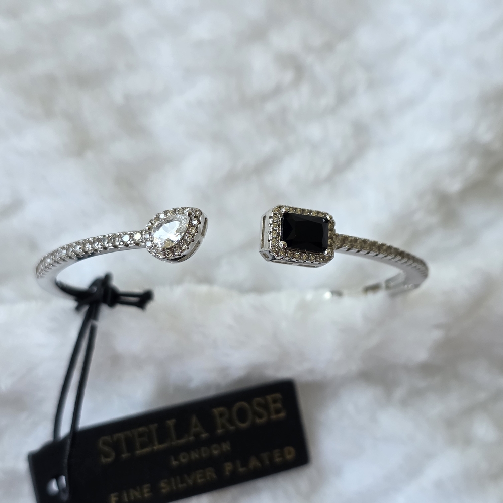 Stella & Dot Black and Silver Cuff Bracelet with Crystal Accents